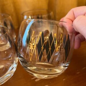 Vintage Federal Glass MCM Geometric Gold and Black Glass Roly Poly Tumblers